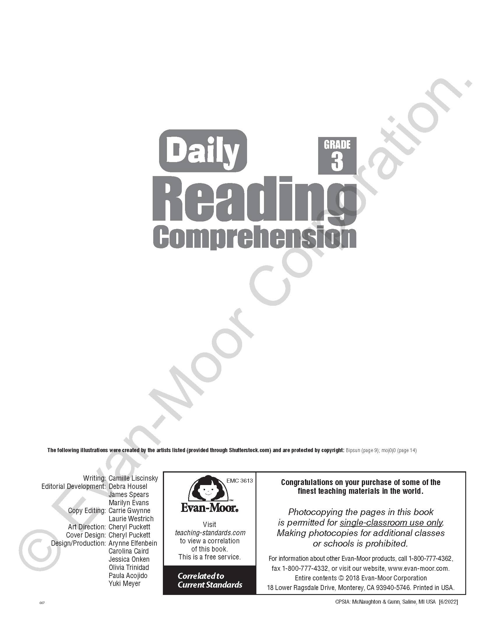 Daily Reading Comprehension, Grade 3 Teacher Edition