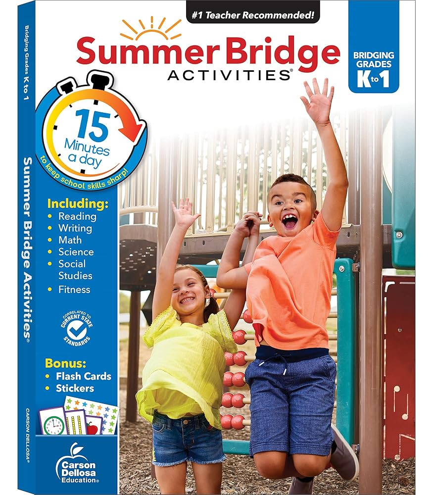 Summer Bridge Activities Kindergarten to 1st Grade Workbooks, K-1 Activity Book With Math, Reading Comprehension, Science, Fitness, Social Studies, Writing Practice, and Flash Cards (Volume 2)